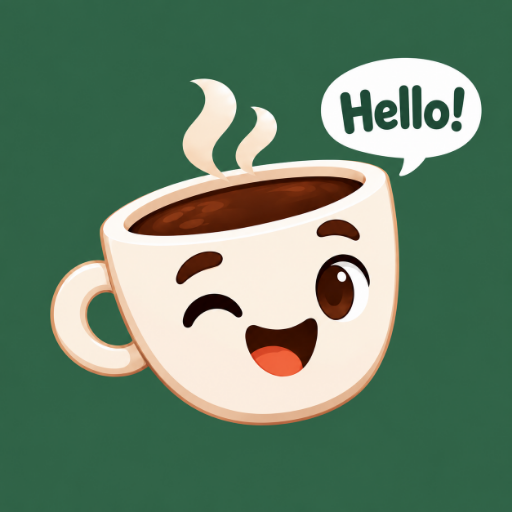 Kofi, a xícara do KofLingo, dizendo Hello!